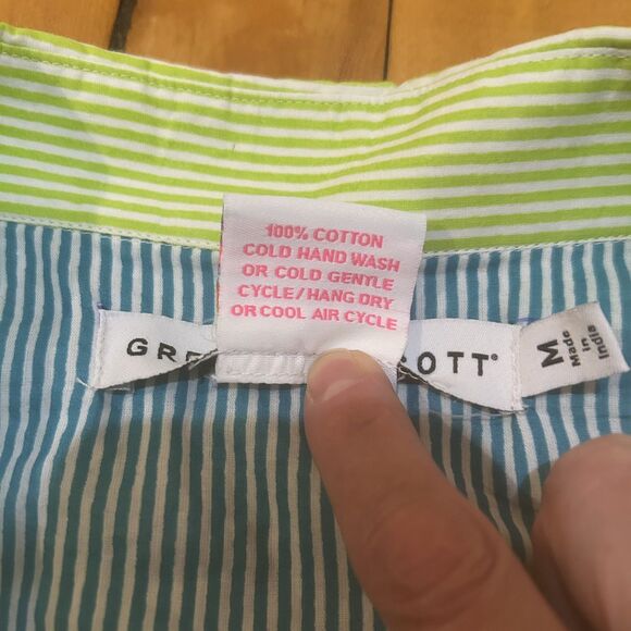 Gretchen Scott Priss Button Down Shirt-Green Stripe-3/4 Slv-Sz M-Preppy- - Picture 4 of 7